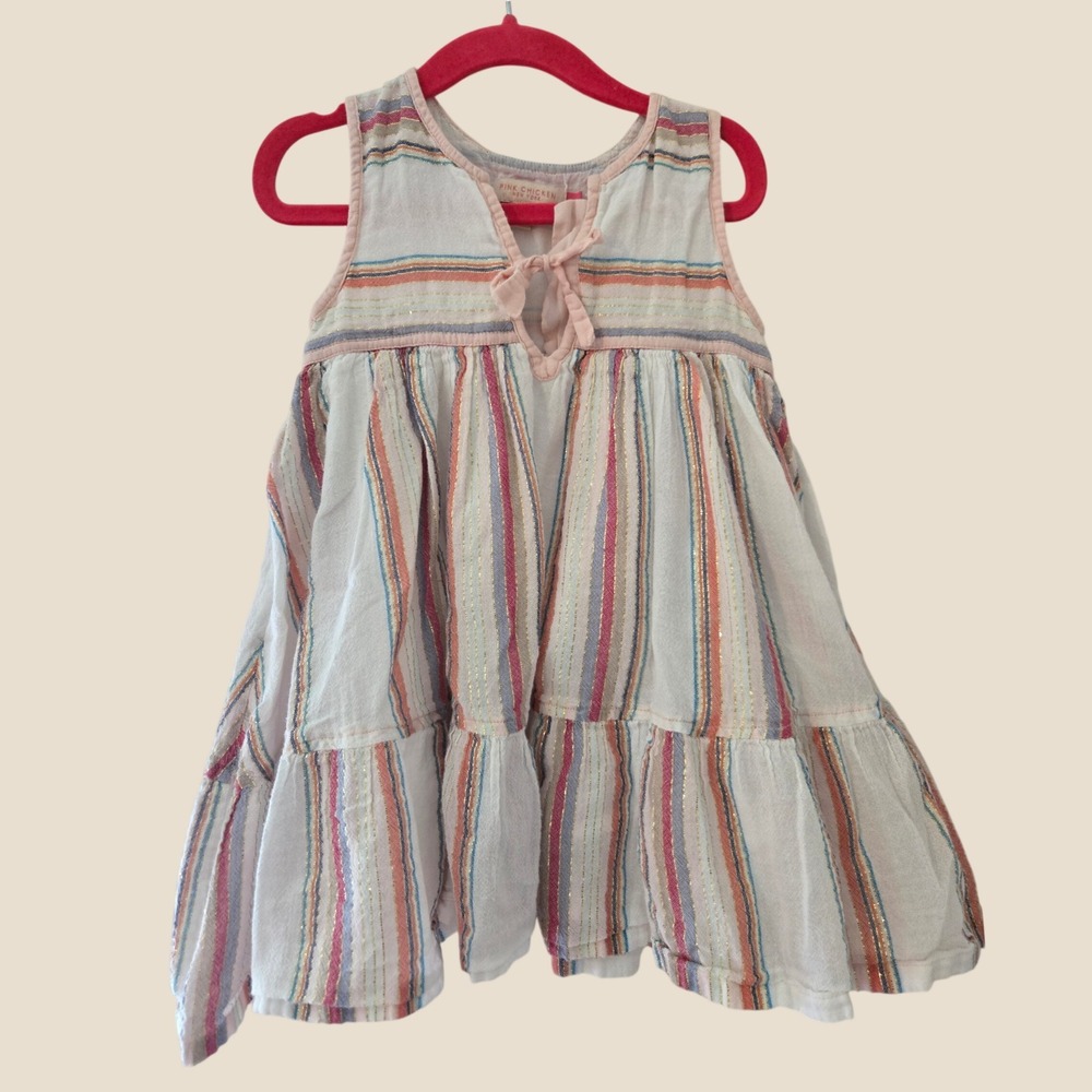 Pink Chicken Girls 2Y Striped Metallic Lurex Tiered Gauze Dress White Pink Blue